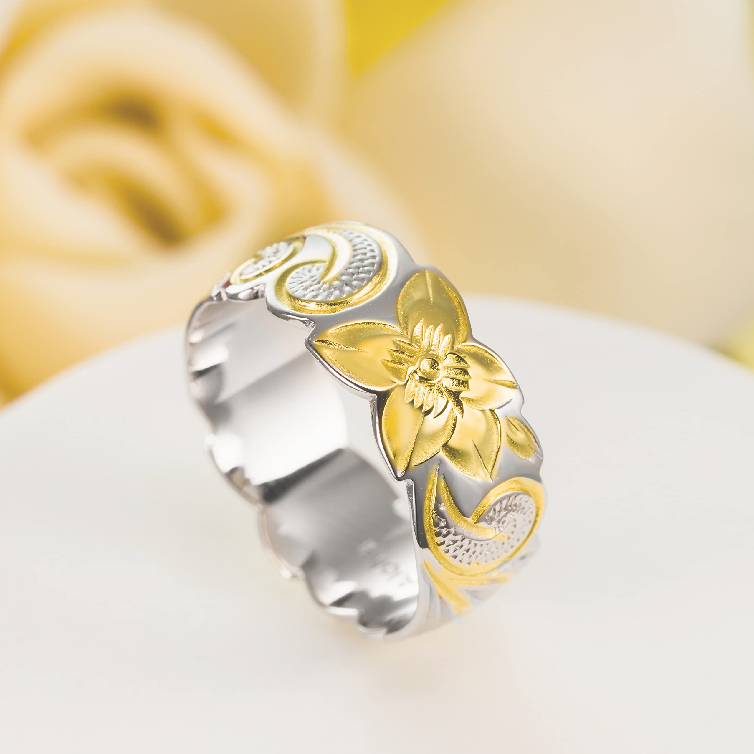 Aloha Jewelry Company Sterling Silver 8mm Hawaiian Princess Plumeria Flower Scroll Ring Stackable Wedding Band (Yellow-Gold, 9)