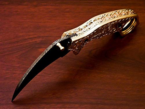 Handmade Damascus Folding Pocket Knife Karambit Knife Hunting Knife Handle Brass Steel Folding with Leather Sheath 1083