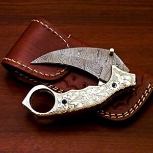 Handmade Damascus Folding Pocket Knife Karambit Knife Hunting Knife Handle Brass Steel Folding with Leather Sheath 1083