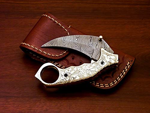 Handmade Damascus Folding Pocket Knife Karambit Knife Hunting Knife Handle Brass Steel Folding with Leather Sheath 1083