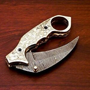 Handmade Damascus Folding Pocket Knife Karambit Knife Hunting Knife Handle Brass Steel Folding with Leather Sheath 1083