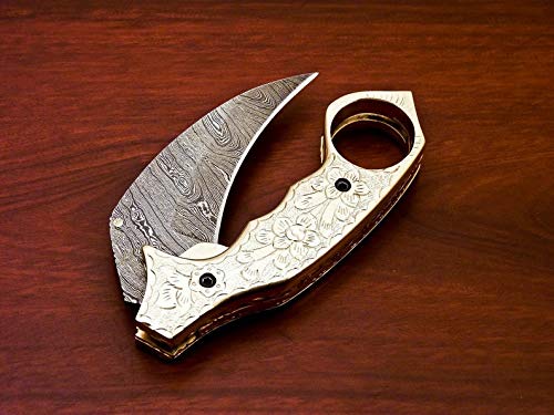 Handmade Damascus Folding Pocket Knife Karambit Knife Hunting Knife Handle Brass Steel Folding with Leather Sheath 1083