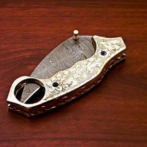 Handmade Damascus Folding Pocket Knife Karambit Knife Hunting Knife Handle Brass Steel Folding with Leather Sheath 1083