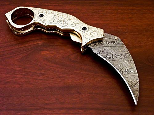 Handmade Damascus Folding Pocket Knife Karambit Knife Hunting Knife Handle Brass Steel Folding with Leather Sheath 1083