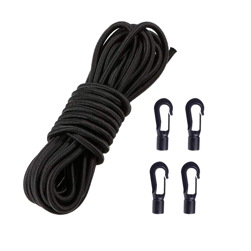 1/4" x 10' Elastic Bungee Shock Cord - Kayak Stretch String Rope with Bungee Shock Cord Hook Suitable for Boat Camping Accessories, Exercise, Fitness and Outdoor Enthusiasts (10 Feet Rope + 4 Hooks)