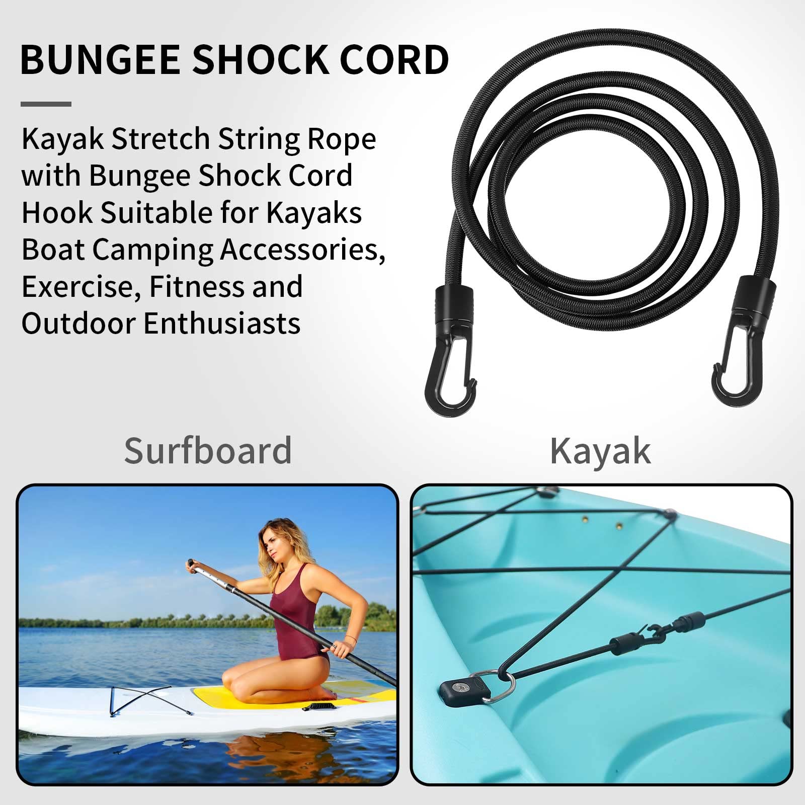 1/4" x 10' Elastic Bungee Shock Cord - Kayak Stretch String Rope with Bungee Shock Cord Hook Suitable for Boat Camping Accessories, Exercise, Fitness and Outdoor Enthusiasts (10 Feet Rope + 4 Hooks)