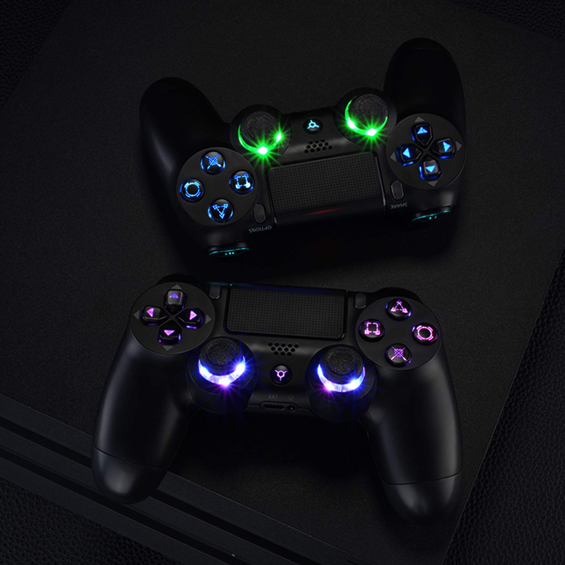 eXtremeRate Multi-Colors Luminated D-pad Thumbstick Trigger Home Face Buttons, Black Classical Symbols Buttons DTFS (DTF 2.0) LED Kit for PS4 Slim Pro Controller - Controller NOT Included