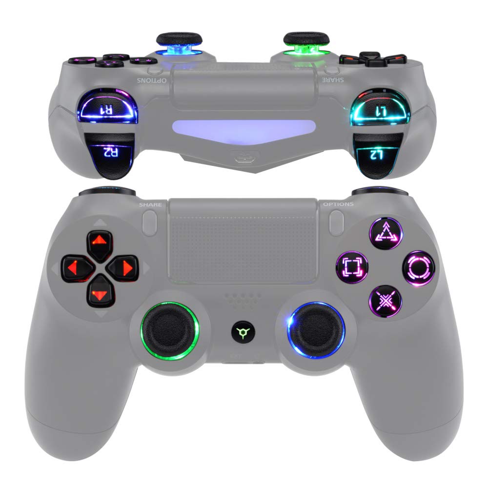 eXtremeRate Multi-Colors Luminated D-pad Thumbstick Trigger Home Face Buttons, Black Classical Symbols Buttons DTFS (DTF 2.0) LED Kit for PS4 Slim Pro Controller - Controller NOT Included