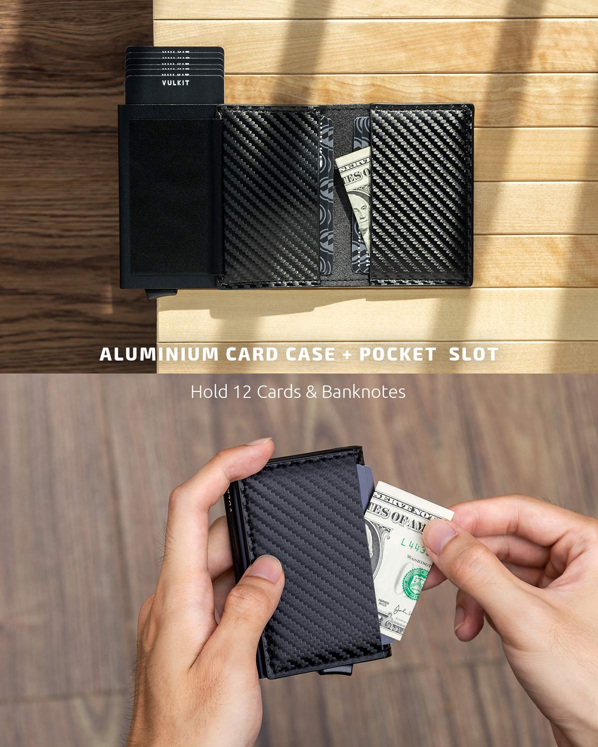 VULKIT Credit Card Holder RFID Blocking Leather Automatic Pop Up Wallet Aluminum Slim Pocket Bifold Business Card Case