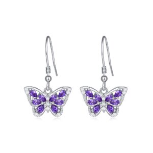 925 Sterling Silver Pretty Sparkly Cz Crystal Monarch Morpho Light Dark Purple Butterfly Wing Dangle Earrings for Women Amethyst February Birthstone Jewelry Mothers Day Graduation Birthday Christmas Gifts