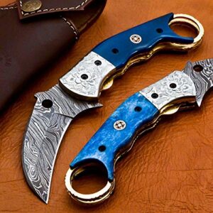 8.5" Handmade Damascus Folding Pocket Knife Karambit Knife Hunting Knife Handle Camel Bone Handmade Damascus Steel with Leather Sheath B50