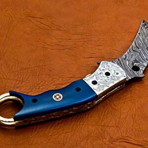 8.5" Handmade Damascus Folding Pocket Knife Karambit Knife Hunting Knife Handle Camel Bone Handmade Damascus Steel with Leather Sheath B50