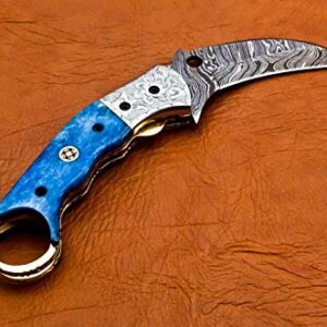 8.5" Handmade Damascus Folding Pocket Knife Karambit Knife Hunting Knife Handle Camel Bone Handmade Damascus Steel with Leather Sheath B50