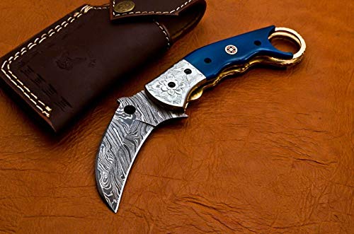 8.5" Handmade Damascus Folding Pocket Knife Karambit Knife Hunting Knife Handle Camel Bone Handmade Damascus Steel with Leather Sheath B50