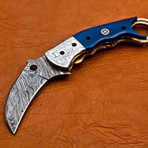 8.5" Handmade Damascus Folding Pocket Knife Karambit Knife Hunting Knife Handle Camel Bone Handmade Damascus Steel with Leather Sheath B50