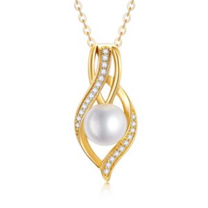 Solid 14K Gold Pearl Necklace for Women Freshwater Cultured Pearl Pendant Necklace with Moissanite Dainty Jewelry Anniversary for Wife, Mom, 16''-18''