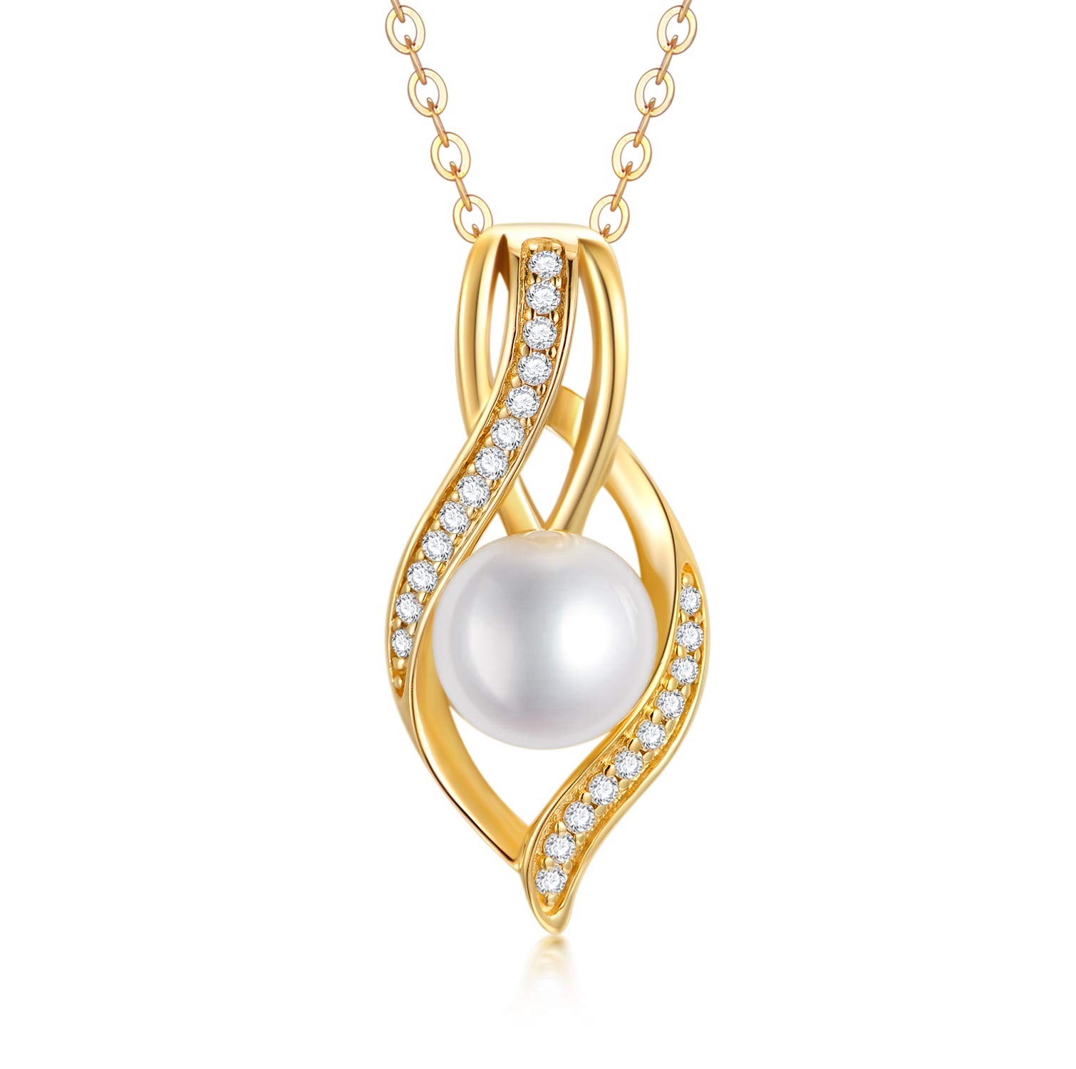 Solid 14K Gold Pearl Necklace for Women Freshwater Cultured Pearl Pendant Necklace with Moissanite Dainty Jewelry Anniversary for Wife, Mom, 16''-18''