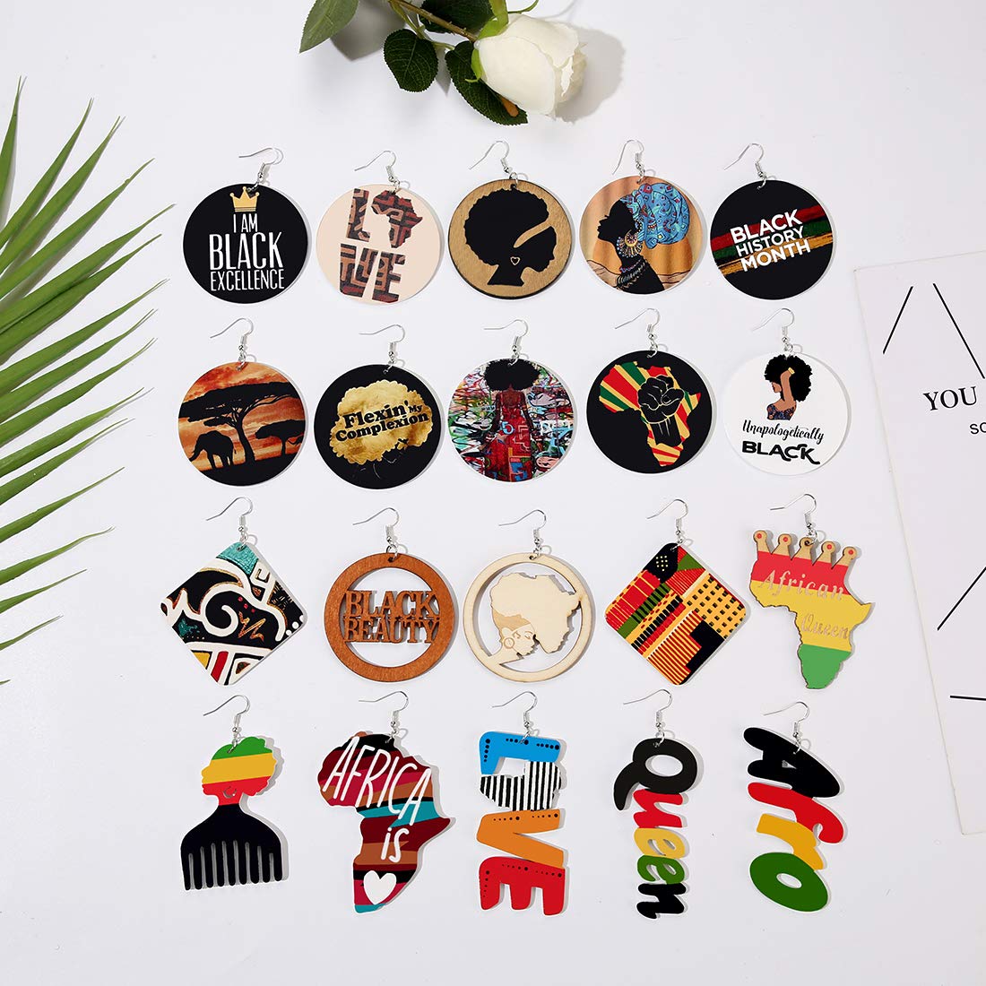 20 Pairs African Earrings for Women Wooden Black Lives Matter Earrings African Map Round Painted Wooden Earrings Statement Ethnic Dangle Earring