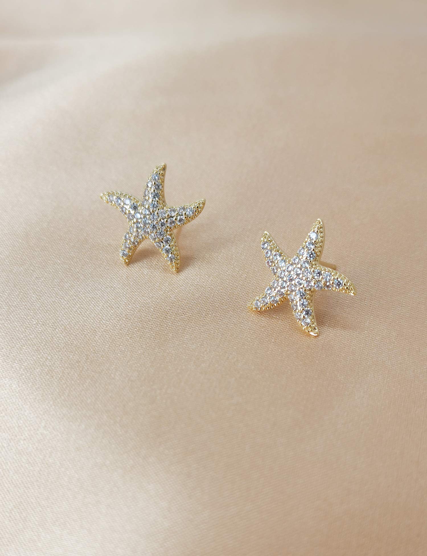 Starfish Stud Earrings for Women - CZ Paved Starfish Stud Earrings - Charm Starfish Earrings Plated in 14k Gold/White Gold