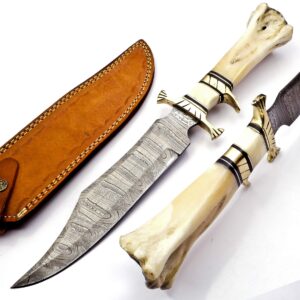 handsmith™ 15" handmade damascus steel hunting knife, hand forged damascus steel fixed blade bowie knife, genuine leather sheath, camel bone handle firm grip (white)