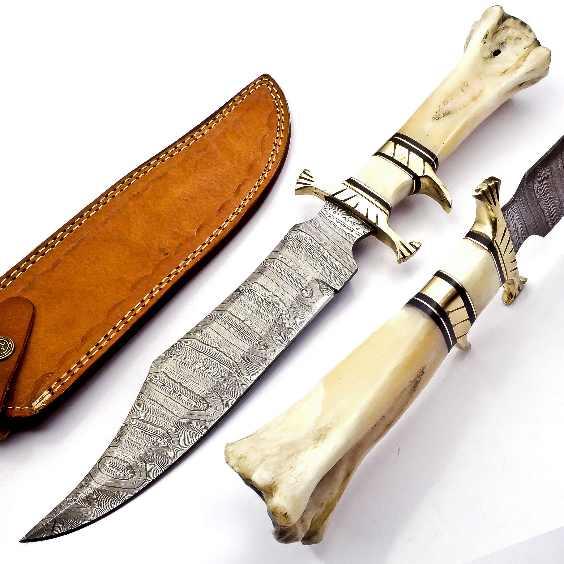 HandSmith™ 15" Handmade Damascus Steel Hunting Knife, Hand Forged Damascus Steel Fixed Blade Bowie Knife, Genuine Leather Sheath, Camel Bone Handle Firm Grip (White)