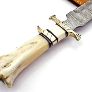 HandSmith™ 15" Handmade Damascus Steel Hunting Knife, Hand Forged Damascus Steel Fixed Blade Bowie Knife, Genuine Leather Sheath, Camel Bone Handle Firm Grip (White)