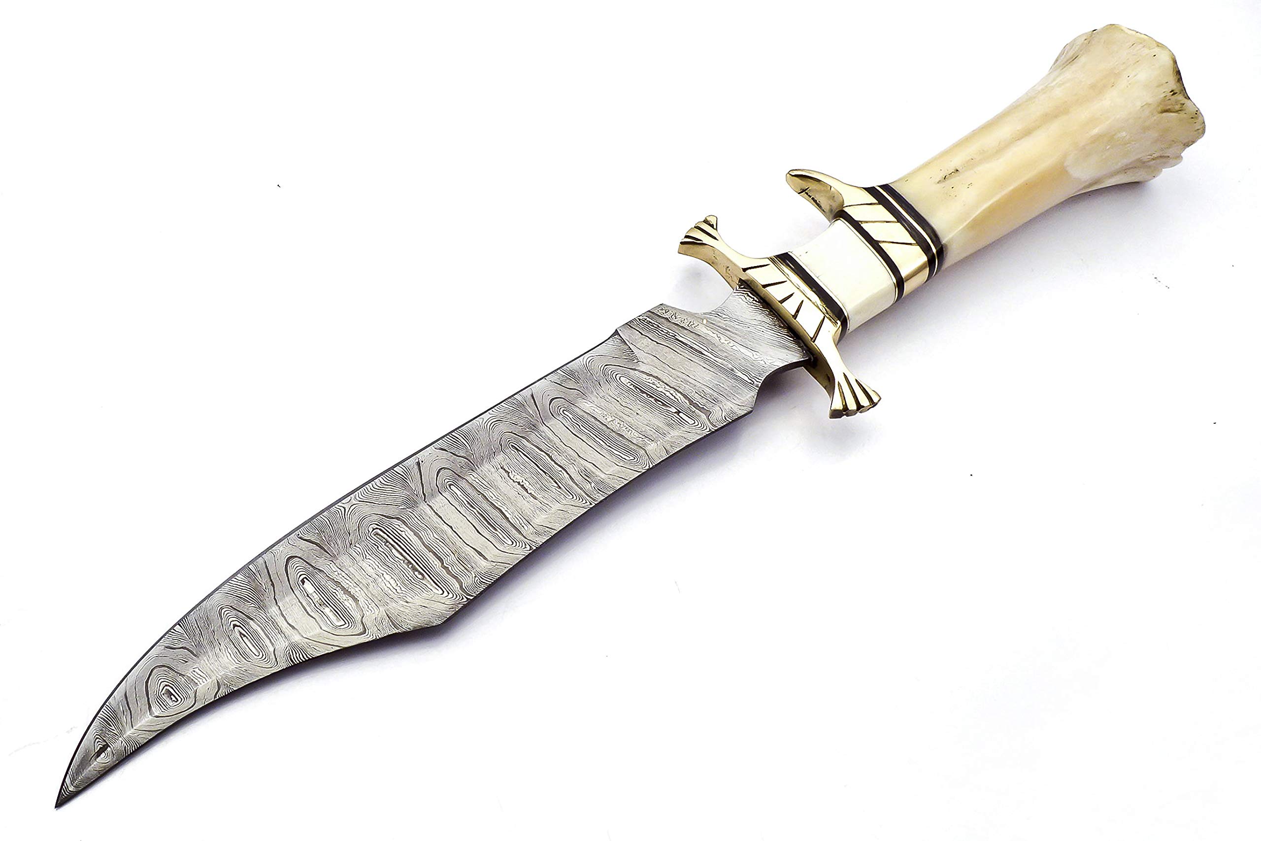 HandSmith™ 15" Handmade Damascus Steel Hunting Knife, Hand Forged Damascus Steel Fixed Blade Bowie Knife, Genuine Leather Sheath, Camel Bone Handle Firm Grip (White)