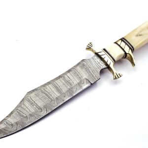 HandSmith™ 15" Handmade Damascus Steel Hunting Knife, Hand Forged Damascus Steel Fixed Blade Bowie Knife, Genuine Leather Sheath, Camel Bone Handle Firm Grip (White)