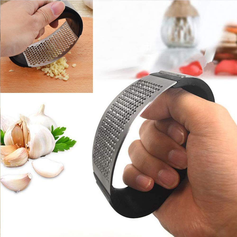 WEPPC Garlic Press Rocker Stainless Steel Garlic Mincer Crusher and Peeler, Ergonomic, Easy to Use, Black