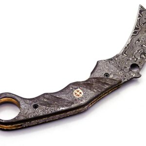 8.5" Handmade Damascus Folding Pocket Knife Karambit Knife Hunting Knife Handle Damascus Steel with Leather Sheath 108, 203