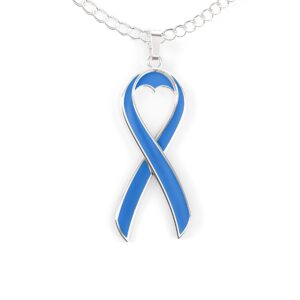 happy kisses cancer awareness necklace - ribbon pendant, “together we are tougher than cancer” - gift for women (dark blue colon cancer)