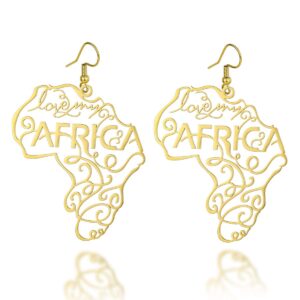 Gold Plated Stainless Steel Fist Hand Button Dangle Earring Love Africa Map Exaggerated Earring (love Africa gold)