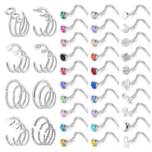 ZS Stainless Steel Nose Studs Nose Rings Hoop 20G Nose Bone/L Shaped/Nose Screw Rings Set Body Jewelry Piercing Fake Nose Rings for Women (F Set)