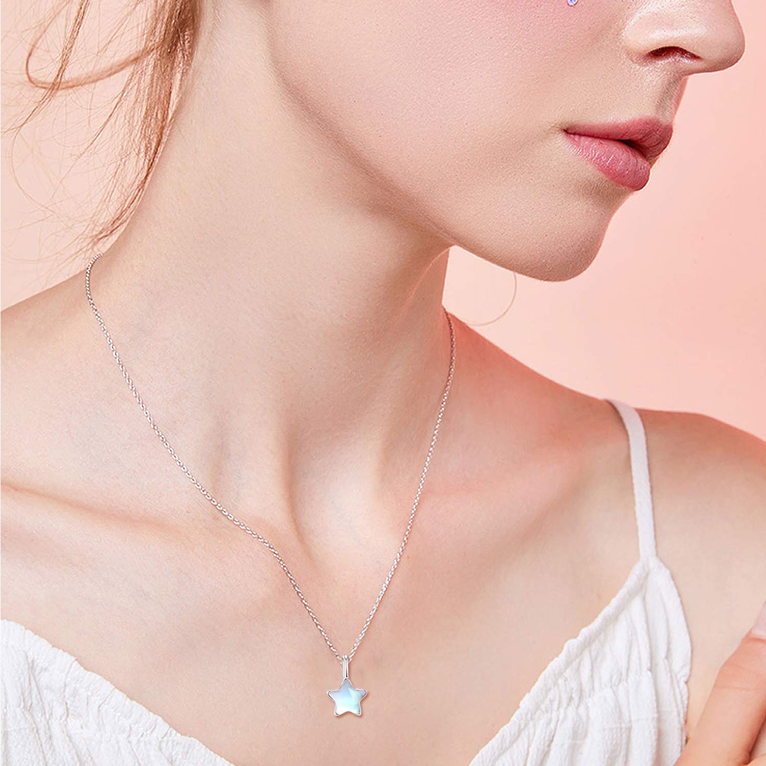 CUOKA MIRACLE Moonstone Necklace Star Necklace 925 Sterling Silver Rainbow Moonstone Choker Necklace for Women Star Moonstone Jewelery for Women Birthday Mother`s Day