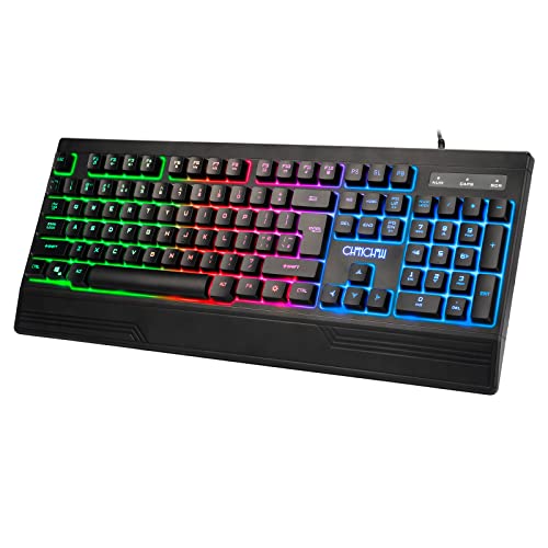 CHONCHOW Ergonomic LED Rainbow Keyboard for Game and Work, USB Wired Light Up Backlit Gaming Keyboard with Wrist Rest, 104 Key Quiet RGB Keyboard for PC Xbox PS4 PS5 Laptop