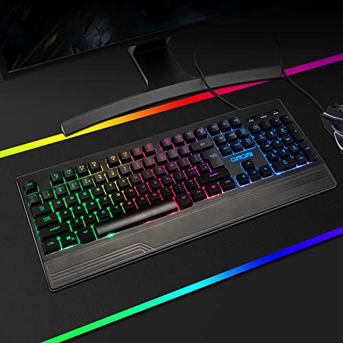 CHONCHOW Ergonomic LED Rainbow Keyboard for Game and Work, USB Wired Light Up Backlit Gaming Keyboard with Wrist Rest, 104 Key Quiet RGB Keyboard for PC Xbox PS4 PS5 Laptop