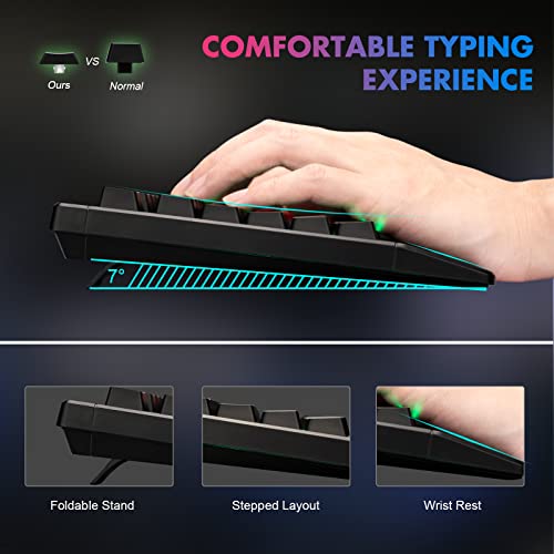 CHONCHOW Ergonomic LED Rainbow Keyboard for Game and Work, USB Wired Light Up Backlit Gaming Keyboard with Wrist Rest, 104 Key Quiet RGB Keyboard for PC Xbox PS4 PS5 Laptop