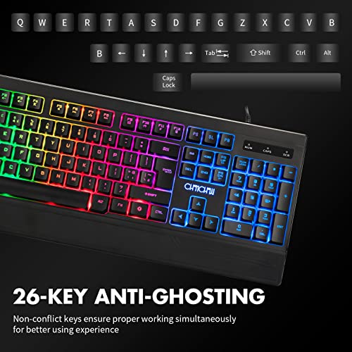 CHONCHOW Ergonomic LED Rainbow Keyboard for Game and Work, USB Wired Light Up Backlit Gaming Keyboard with Wrist Rest, 104 Key Quiet RGB Keyboard for PC Xbox PS4 PS5 Laptop