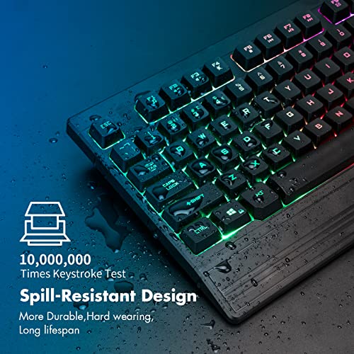 CHONCHOW Ergonomic LED Rainbow Keyboard for Game and Work, USB Wired Light Up Backlit Gaming Keyboard with Wrist Rest, 104 Key Quiet RGB Keyboard for PC Xbox PS4 PS5 Laptop