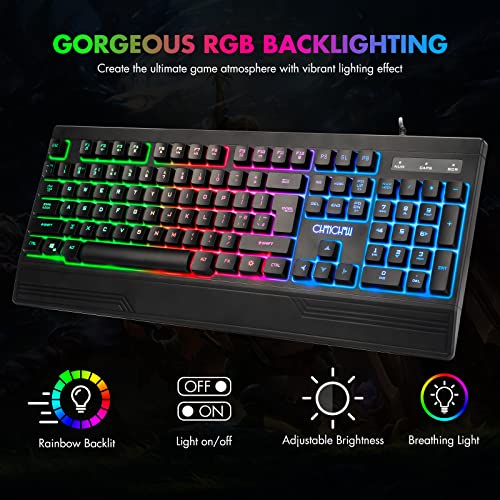 CHONCHOW Ergonomic LED Rainbow Keyboard for Game and Work, USB Wired Light Up Backlit Gaming Keyboard with Wrist Rest, 104 Key Quiet RGB Keyboard for PC Xbox PS4 PS5 Laptop