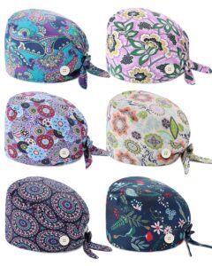 wainis 6 pcs cute cotton printed working cap with button sweatband adjustable tie back bouffant hat for women men