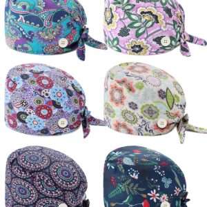 WAINIS 6 Pcs Cute Cotton Printed Working Cap with Button Sweatband Adjustable Tie Back Bouffant Hat for Women Men