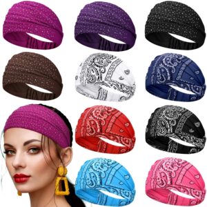 WILLBOND 10 Pieces Women Yoga Headbands Paisley Headbands Wide Bandana Headband Stretchy Headwrap with Rhinestone for Workout Running Cycling Climbing