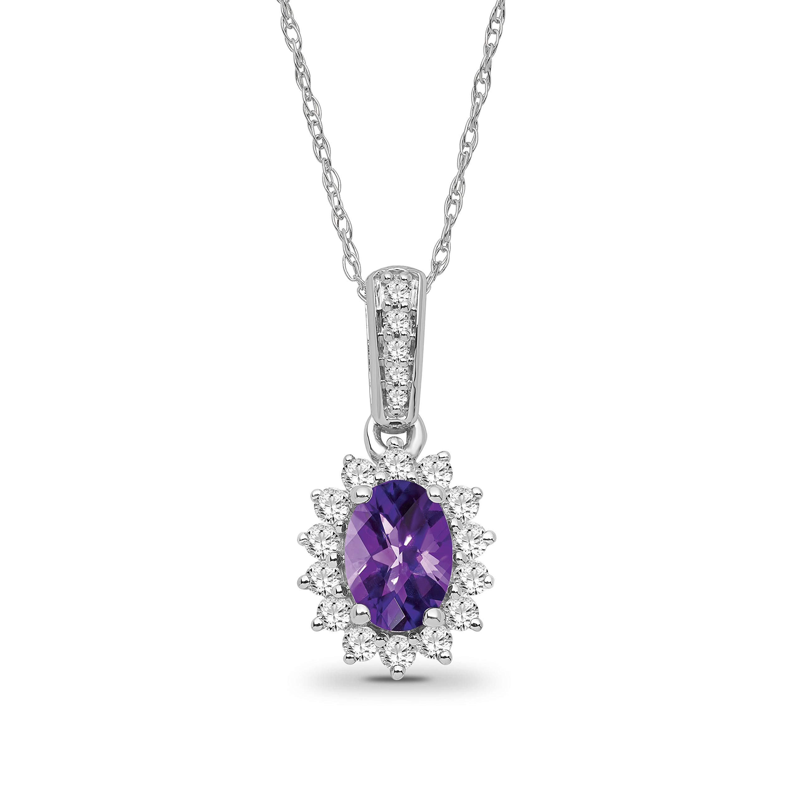 ARAIYA FINE JEWELRY 925 Sterling Silver Round-shape Diamond and Oval Amethyst Halo Pendant Necklace (1/3 cttw, I-J Color, I2-I3 Clarity), 18"