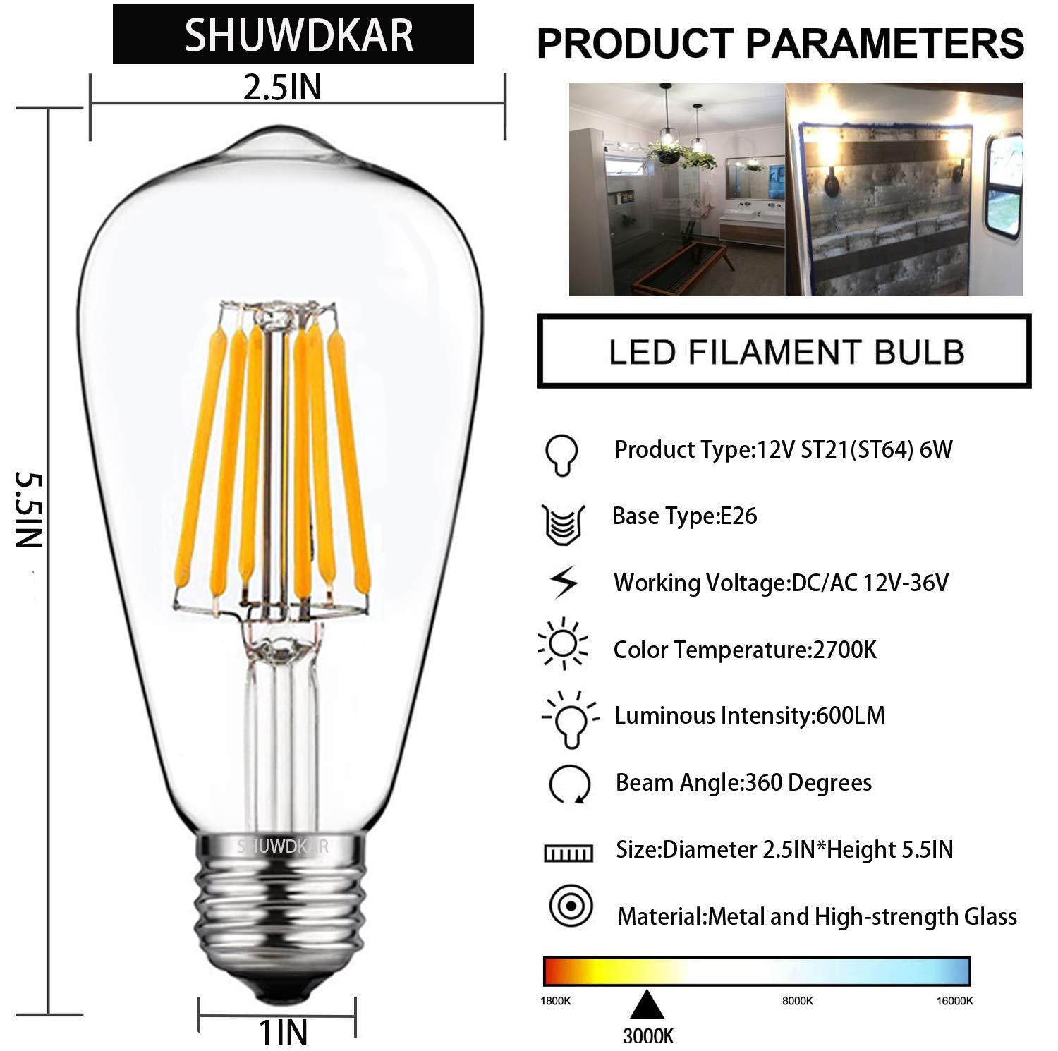 SHUWDKAR LED Light Bulbs DC 12V 6W E26 ST64 Low Voltage Bulb RV Camper Warm White 2700K Vintage Clear Glass Filament Edison Bulbs Equivalent 75W Halogen Marine Boat Solar 12V Battery Lighting,2 Pack