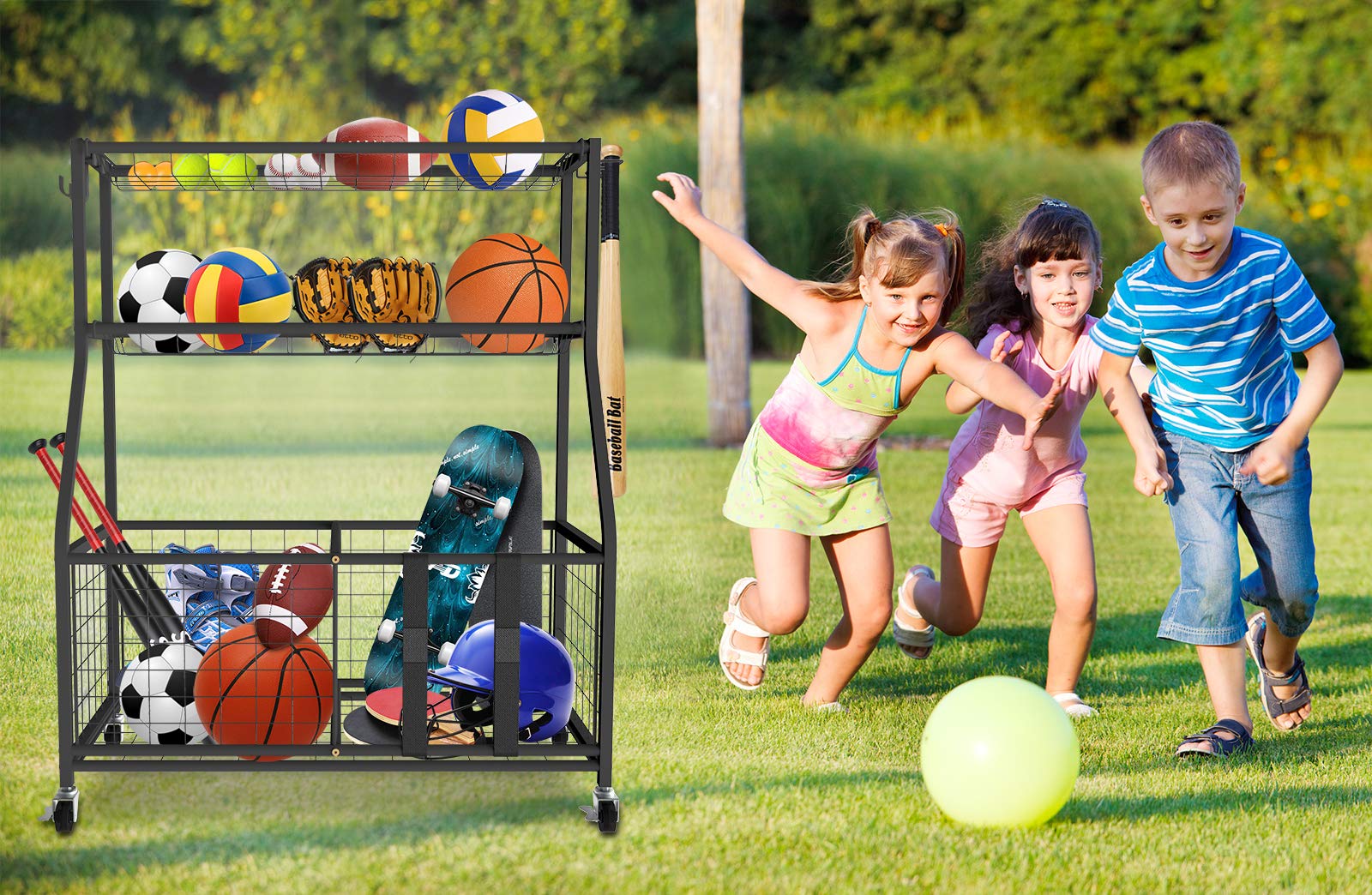 Uboway Sports Equipment Storage Rack: Garage Basketball Organizer for Ball Outdoor Cart