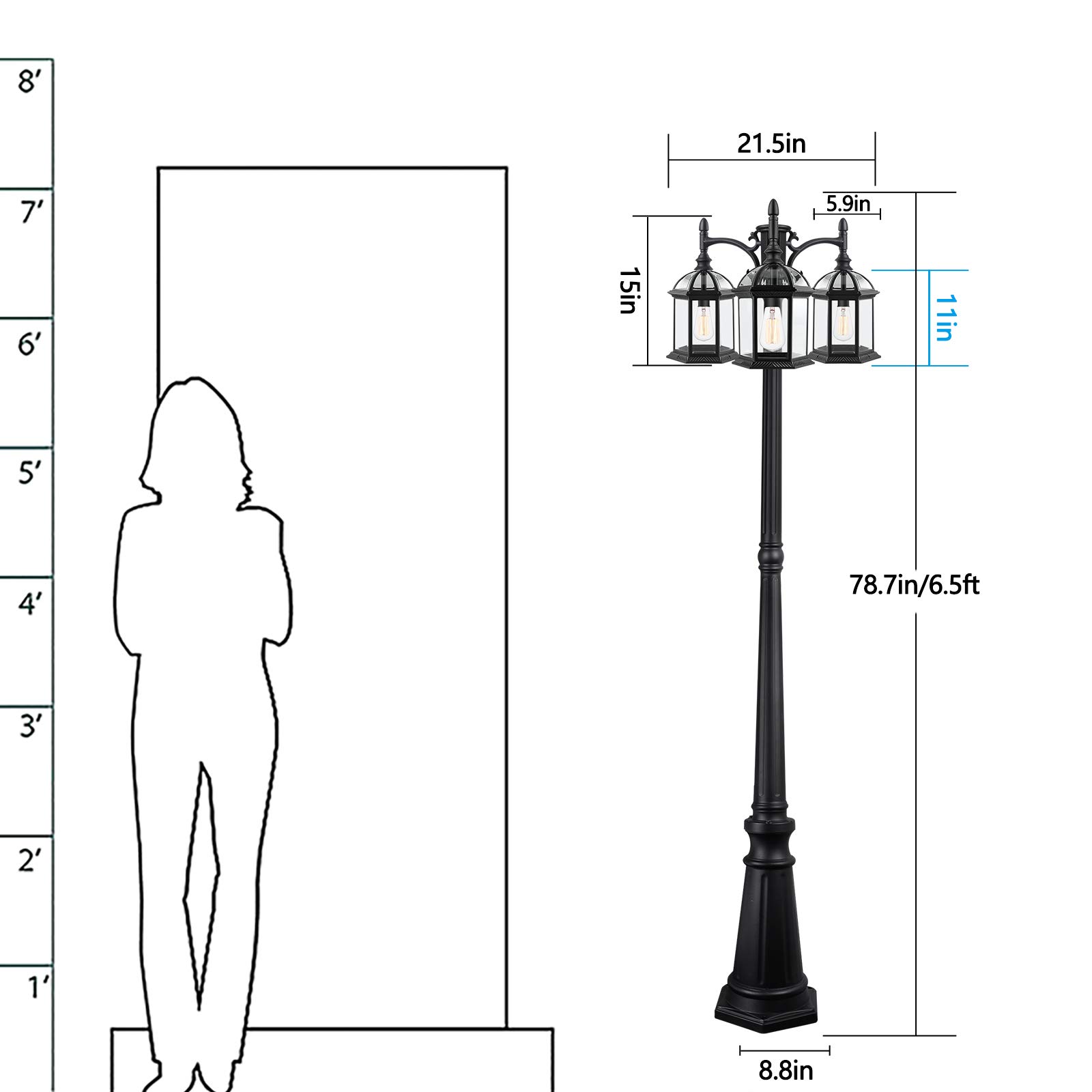 Aluminum Outdoor Lamp Post Birdcage, Hardwired Street Light Post for Outside, 3-Head Pole Light Modern Lamp Post Outdoor Lighting with Clear Glass Panels for Garden Patio Backyard Walkway Driveway