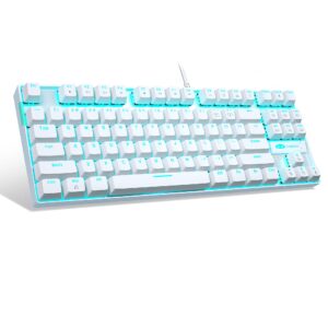 magegee mechanical gaming keyboard with blue switch, compact 87 keys wired computer keyboard for windows laptop pc gamer, led ice blue backlit, white