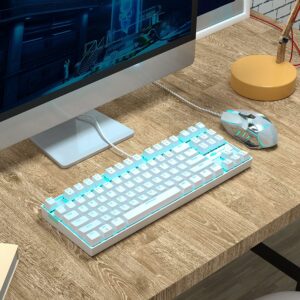 MageGee Mechanical Gaming Keyboard with Blue Switch, Compact 87 Keys Wired Computer Keyboard for Windows Laptop PC Gamer, LED Ice Blue Backlit, White