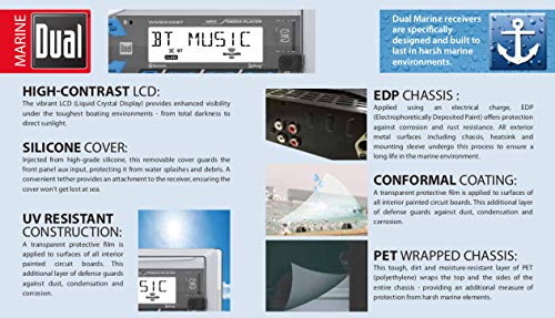 Dual Electronics WCPSX422BT Marine Stereo LCD Single DIN | Marine Radio with Built-in Bluetooth | SiriusXM SXV300 Tuner | Two 6.5-inch Dual Cone Marine Speakers and Marine Antenna